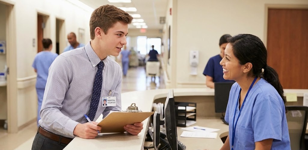 A man holding a clipboard talks to a nurse at a hospital reception desk.