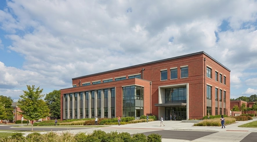 A modern brick building with large windows, likely part of an educational campus.