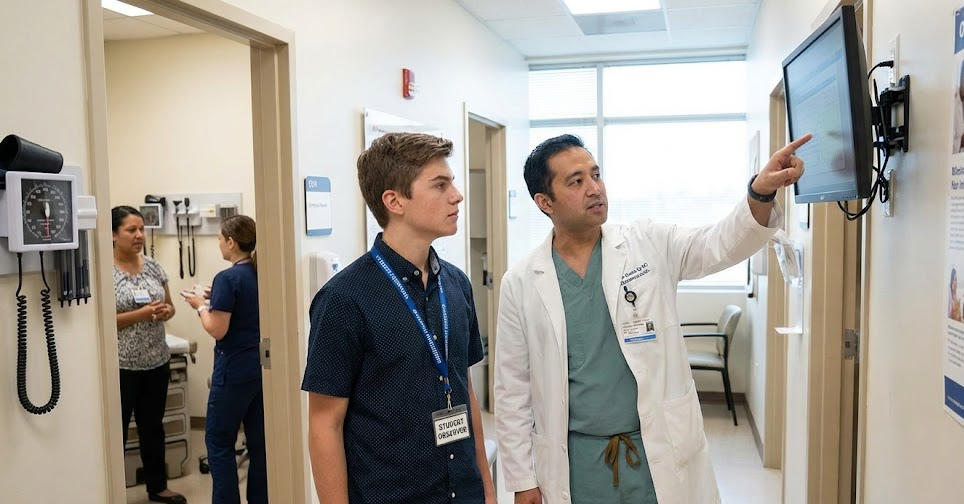 A doctor is showing a display to a young person in a medical facility, while others work in the background.