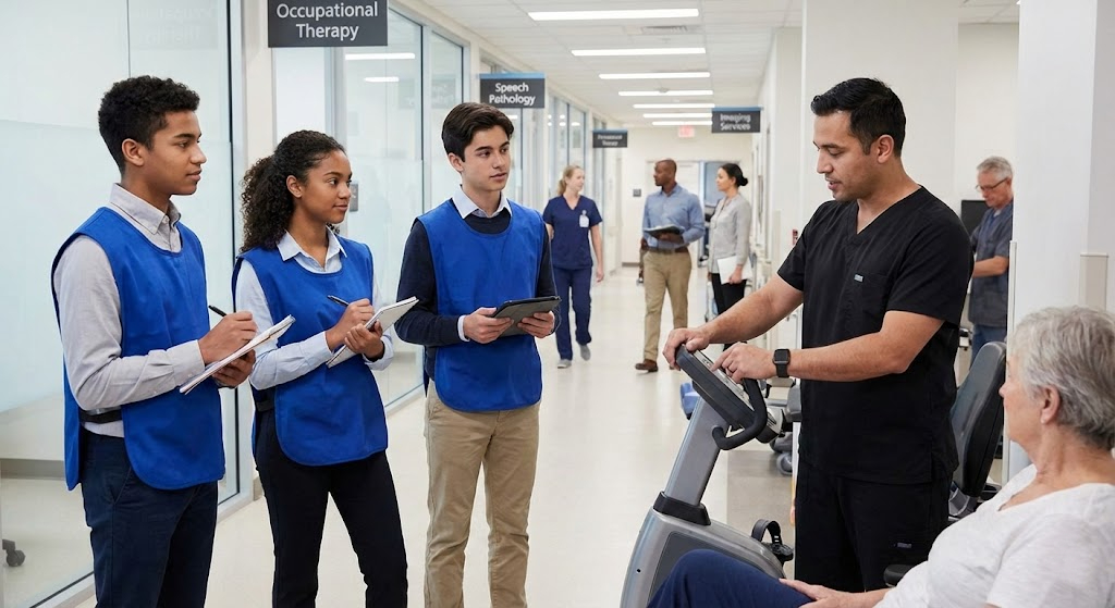 People wearing blue vests stand with clipboards in a medical setting, possibly observing a therapist with a patient.