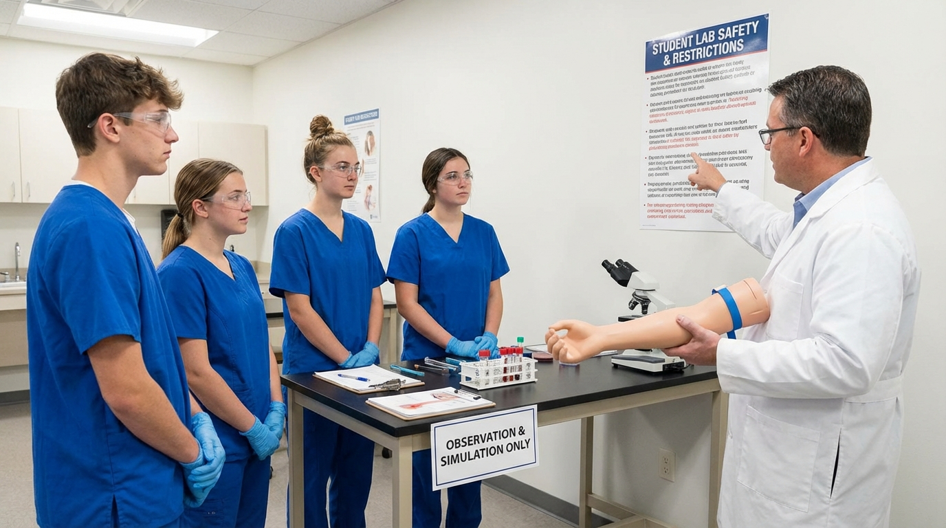 A group of people in blue scrubs is listening to an instructor in a lab setting with medical training equipment.