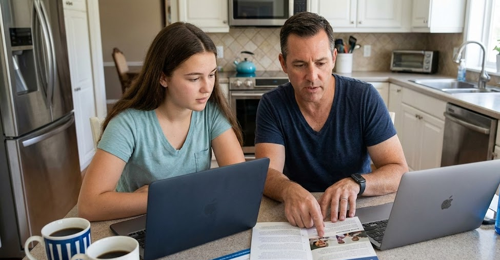 A man and a woman are sitting at a kitchen counter with laptops, reviewing documents together.