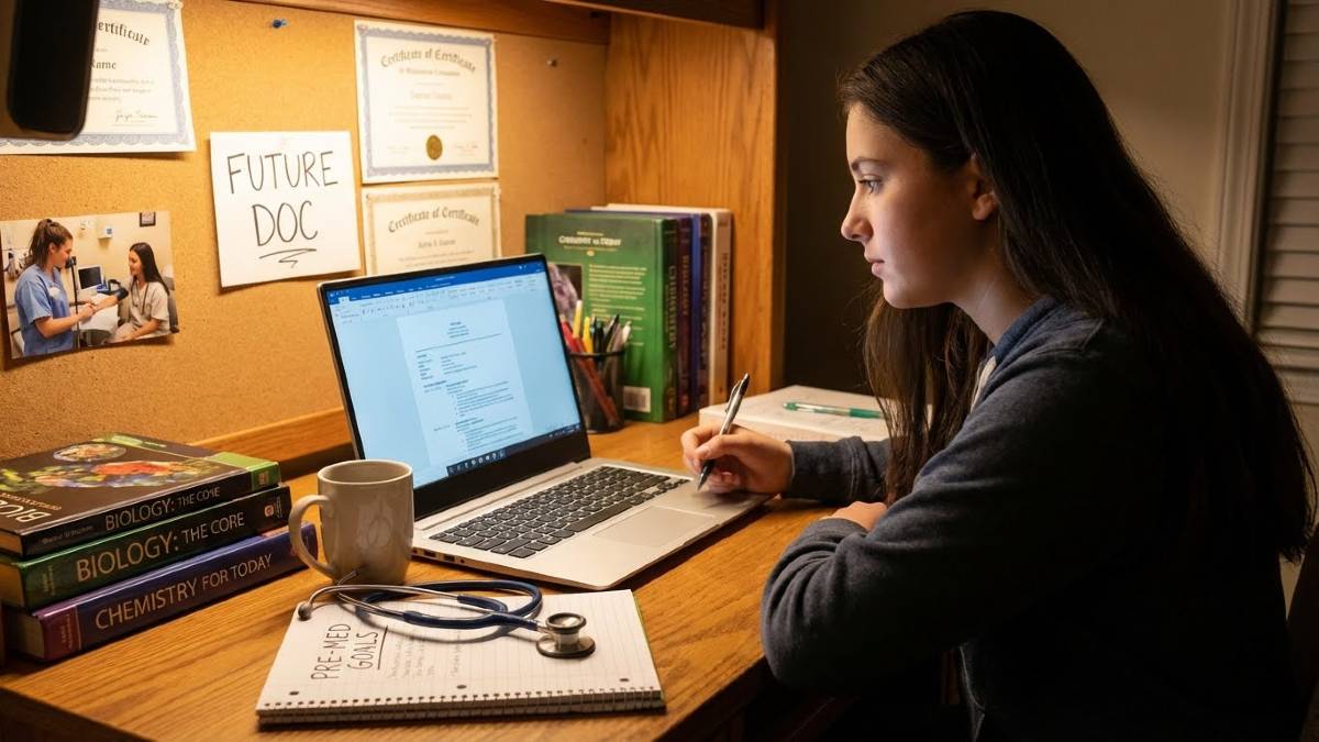 A person studies at a desk with medical textbooks, a laptop, and a notebook. "Future Doc" is on the bulletin board.