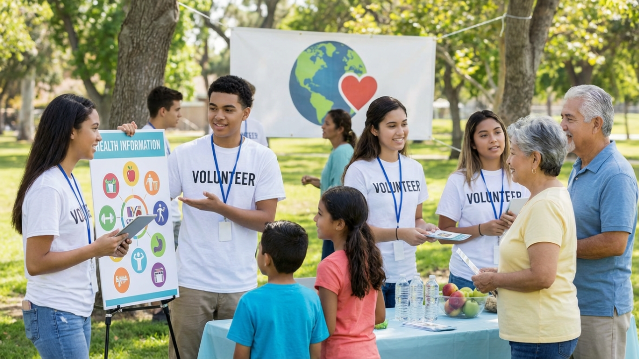 Volunteers engage with visitors at an outdoor event, displaying health information and providing educational materials.