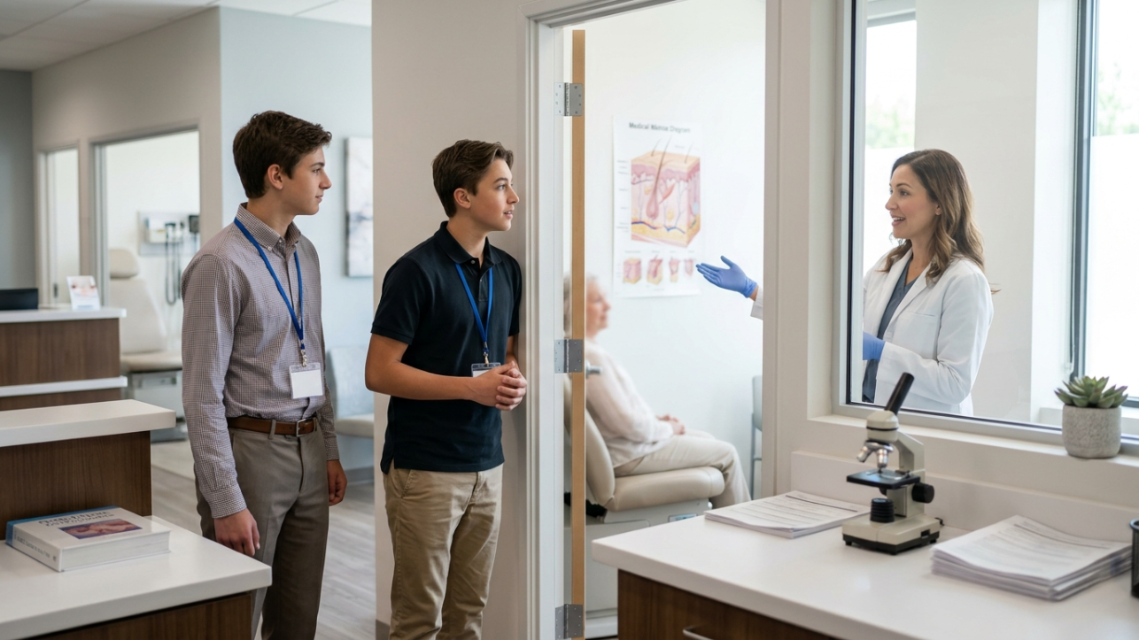 Two students are speaking with a professional in a clinic or office setting. A microscope and medical poster are present. Dermatology internships.