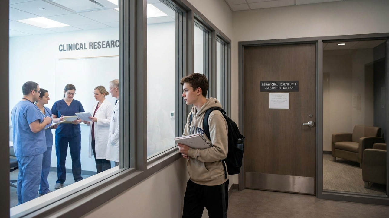A student observes a group of medical professionals meeting in a room labeled "Clinical Research."