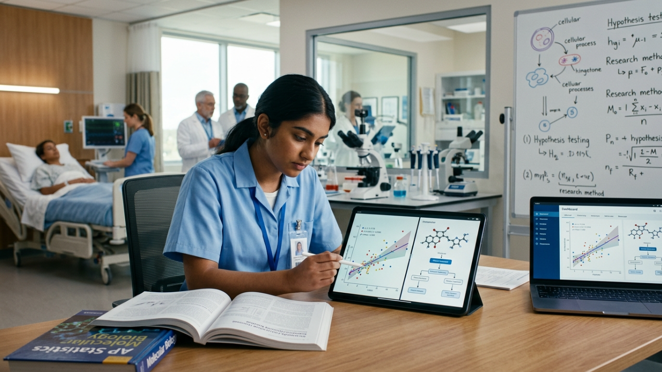 A person is analyzing scientific data on a tablet and laptop in a laboratory with a hospital setting in the background.