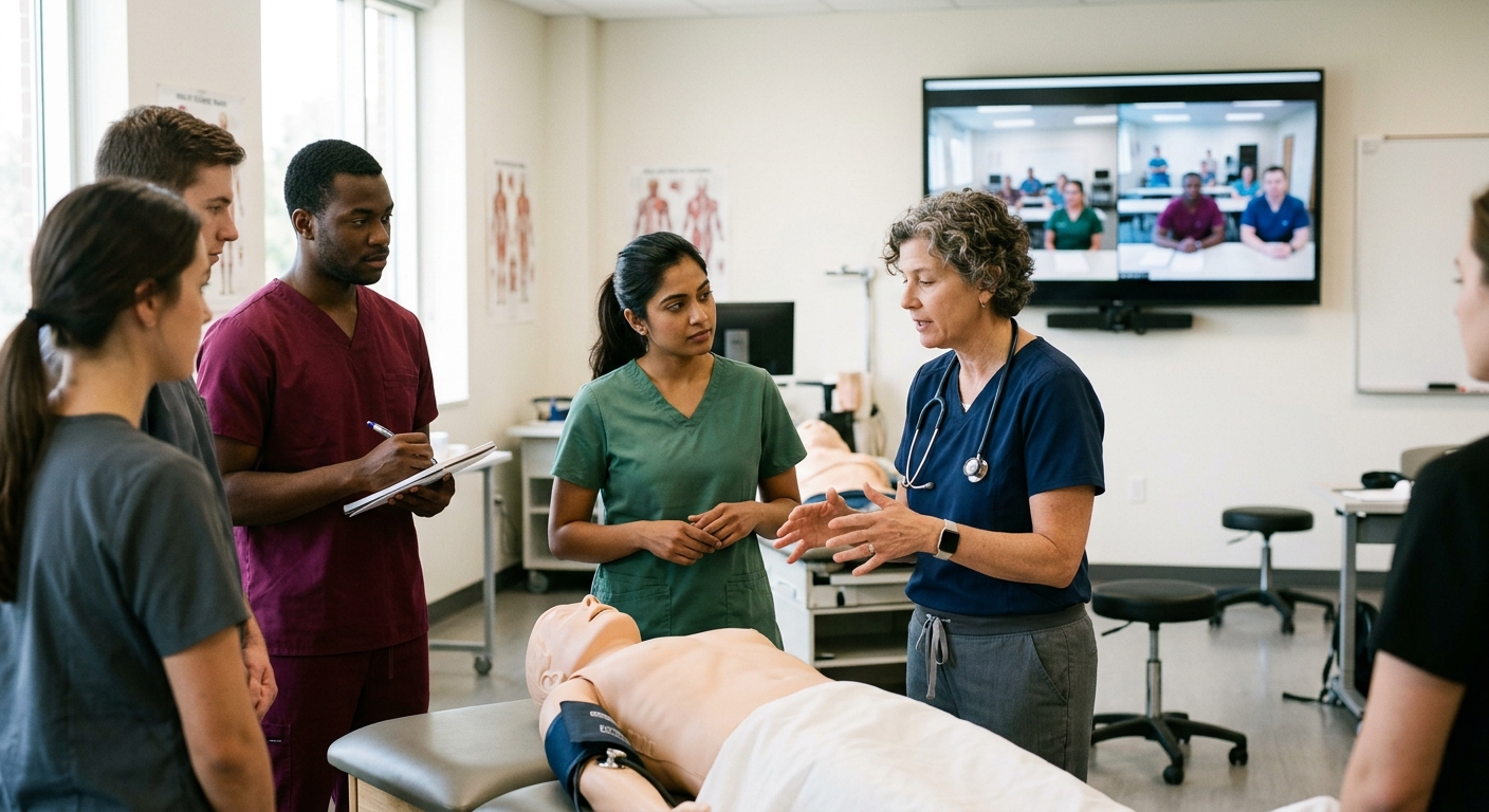 Physician assistant students watching a demonstration on a patient simulation manikin in a distance-linked classroom