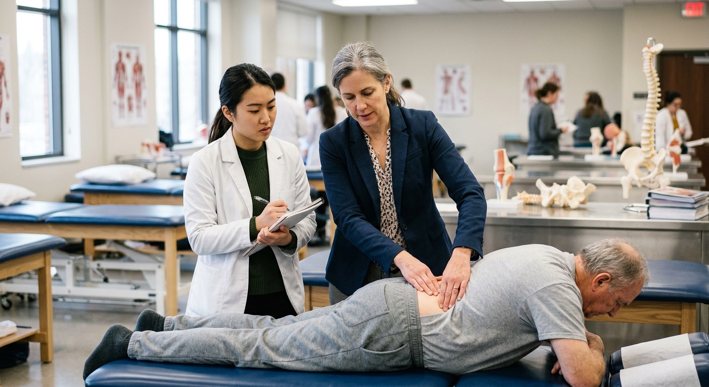 Medical student observing a faculty physician demonstrate an osteopathic manipulative treatment technique in a clinical skills laboratory