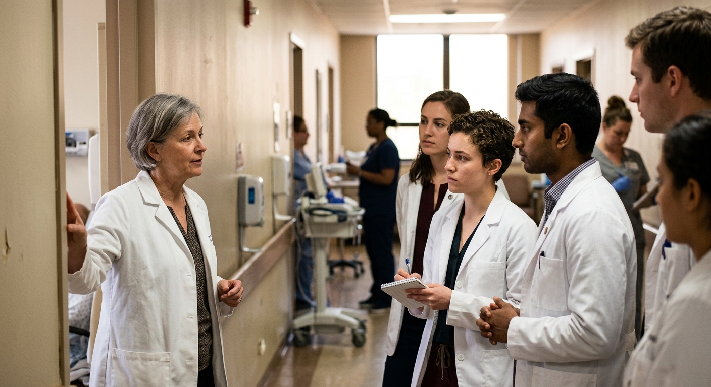 Medical students observing an attending physician during a teaching round in a community hospital
