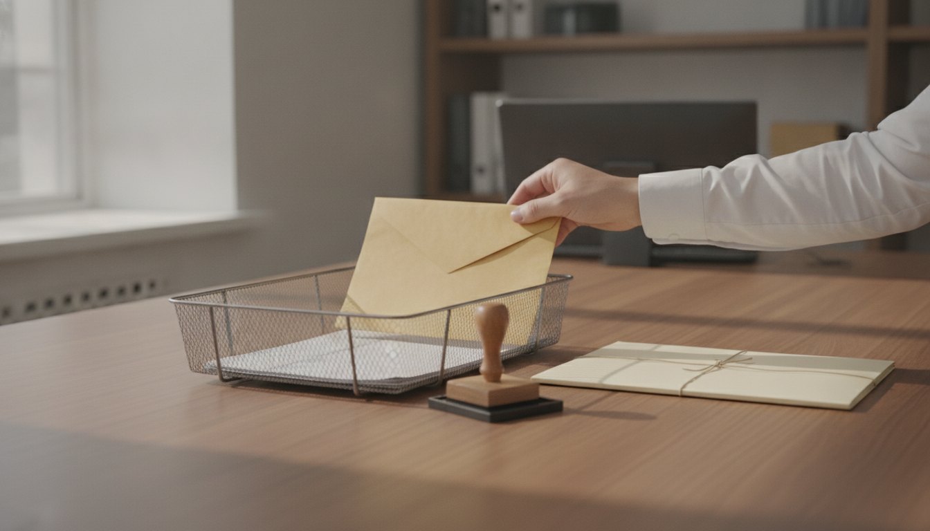 A sealed transcript envelope being placed into a wire in-tray on a registrar's desk