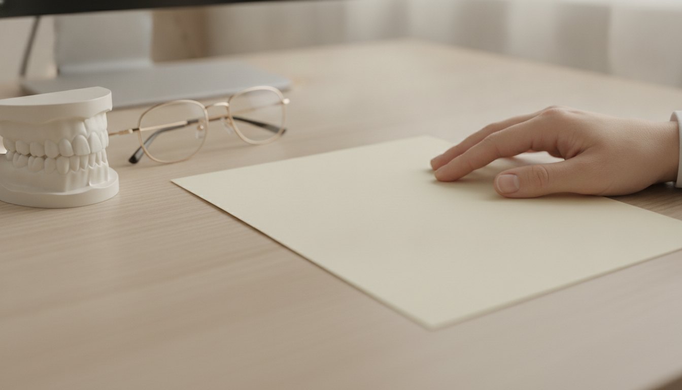 A hand resting on a face-down results sheet beside a dental study model