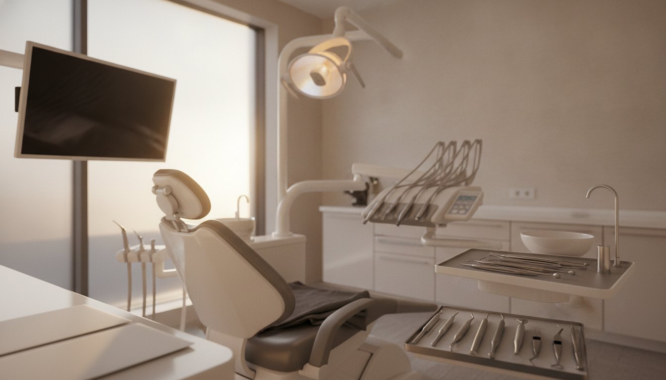 An empty dental operatory with a tray of sterilized instruments between patients
