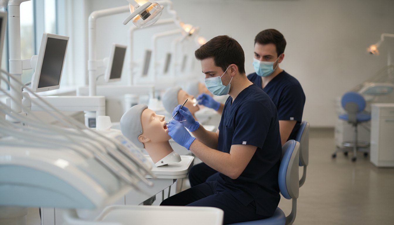 Dental students practicing on simulation manikins in a dental school simulation clinic