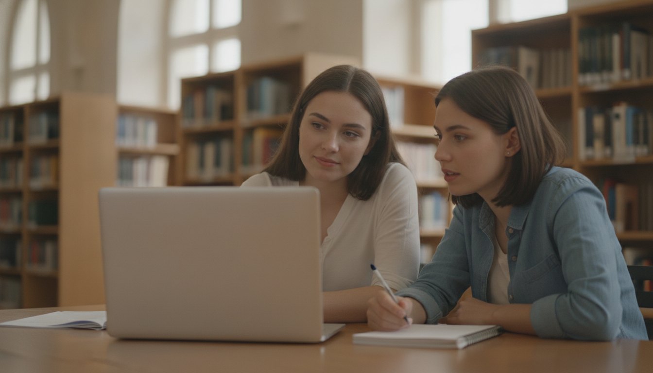 Pre-med students reviewing MCAT results on a laptop facing them at a library table