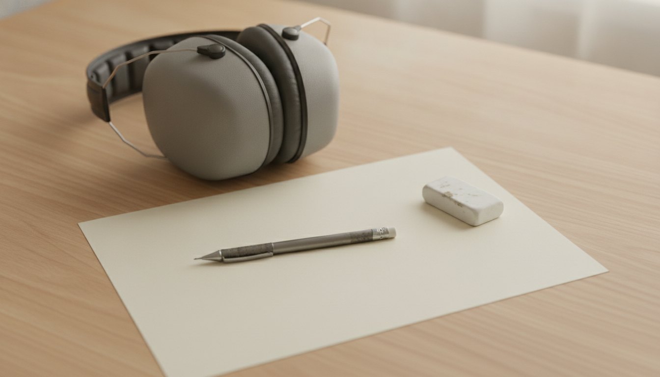 A mechanical pencil, eraser and blank scratch paper beside noise-reducing earmuffs on a desk