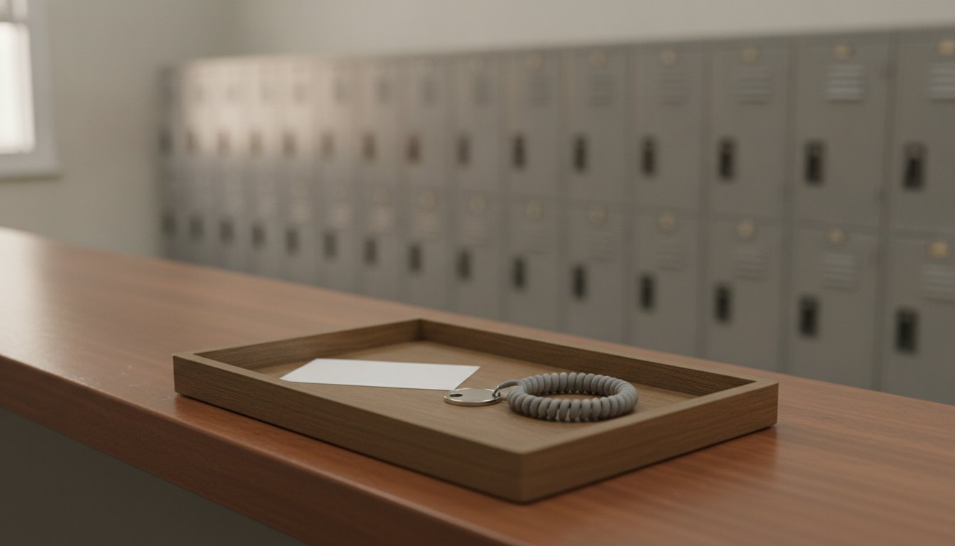 A test center counter tray holding a card face down and a coiled locker key band