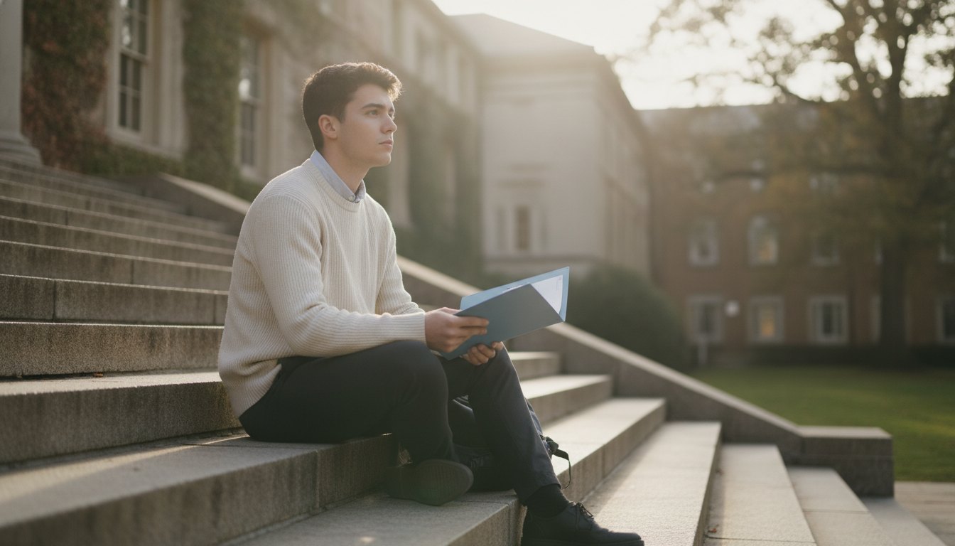 Pre-med student sitting on campus steps holding a folder and thinking