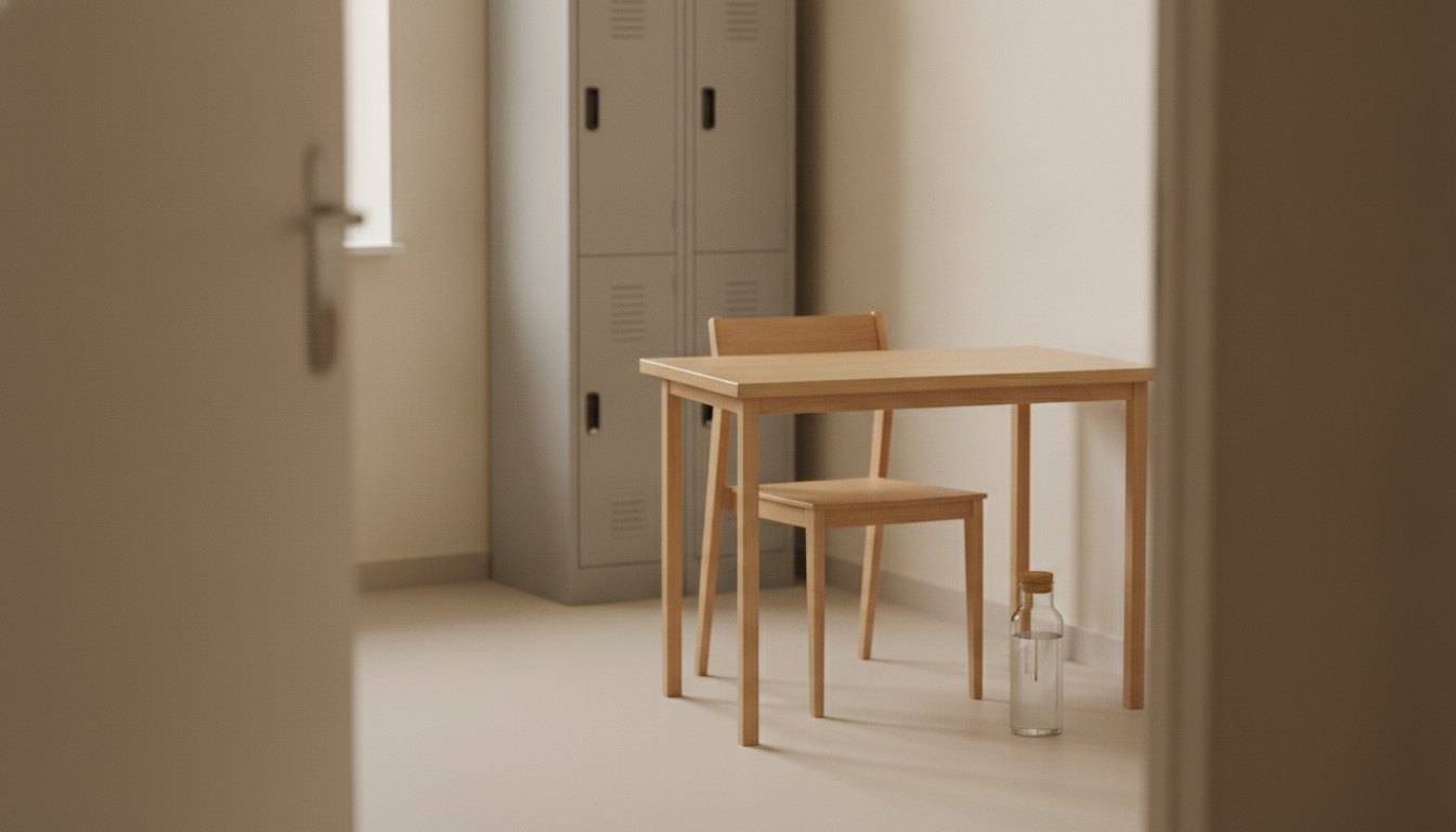 An empty single-occupancy testing room with one desk, a chair and a closed locker