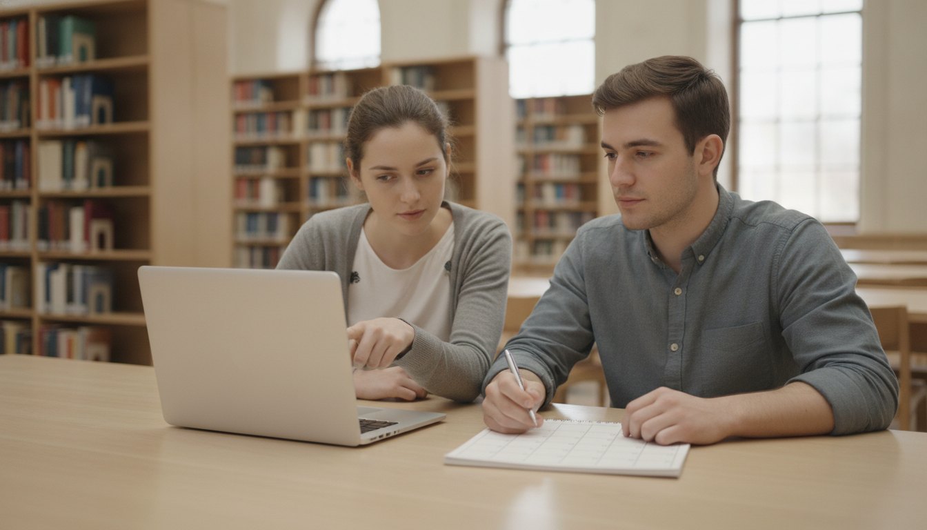 Two pre-med students choosing an MCAT test date at a library table, one pointing at a laptop facing them and one marking a desk calendar