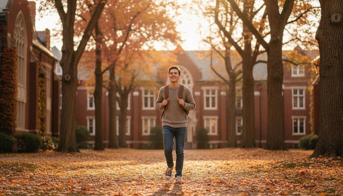 College student with a backpack walking across an autumn university campus