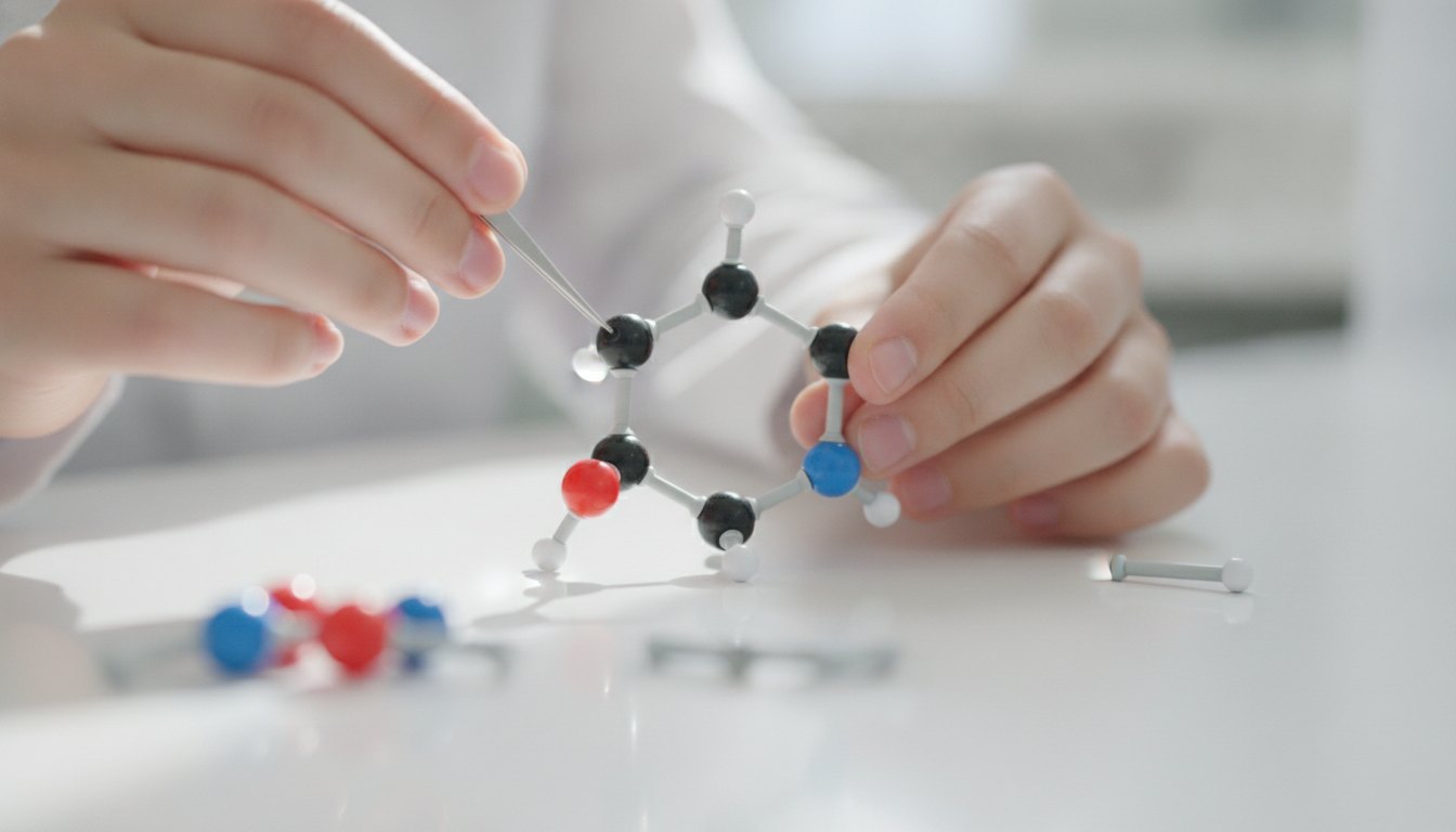 Hands assembling a ball-and-stick molecular model of a sugar ring on a lab bench