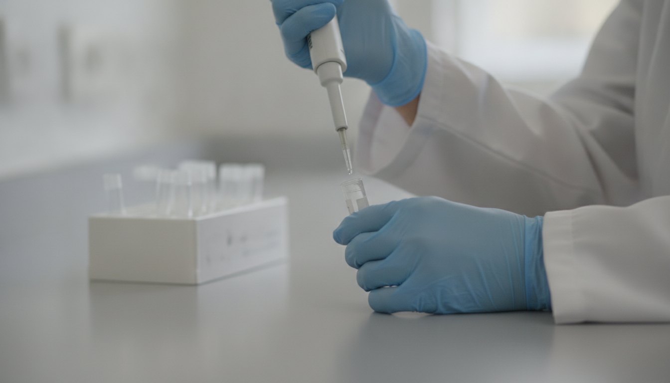Student researcher in blue gloves and a white lab coat pipetting a sample into a small tube at a laboratory bench