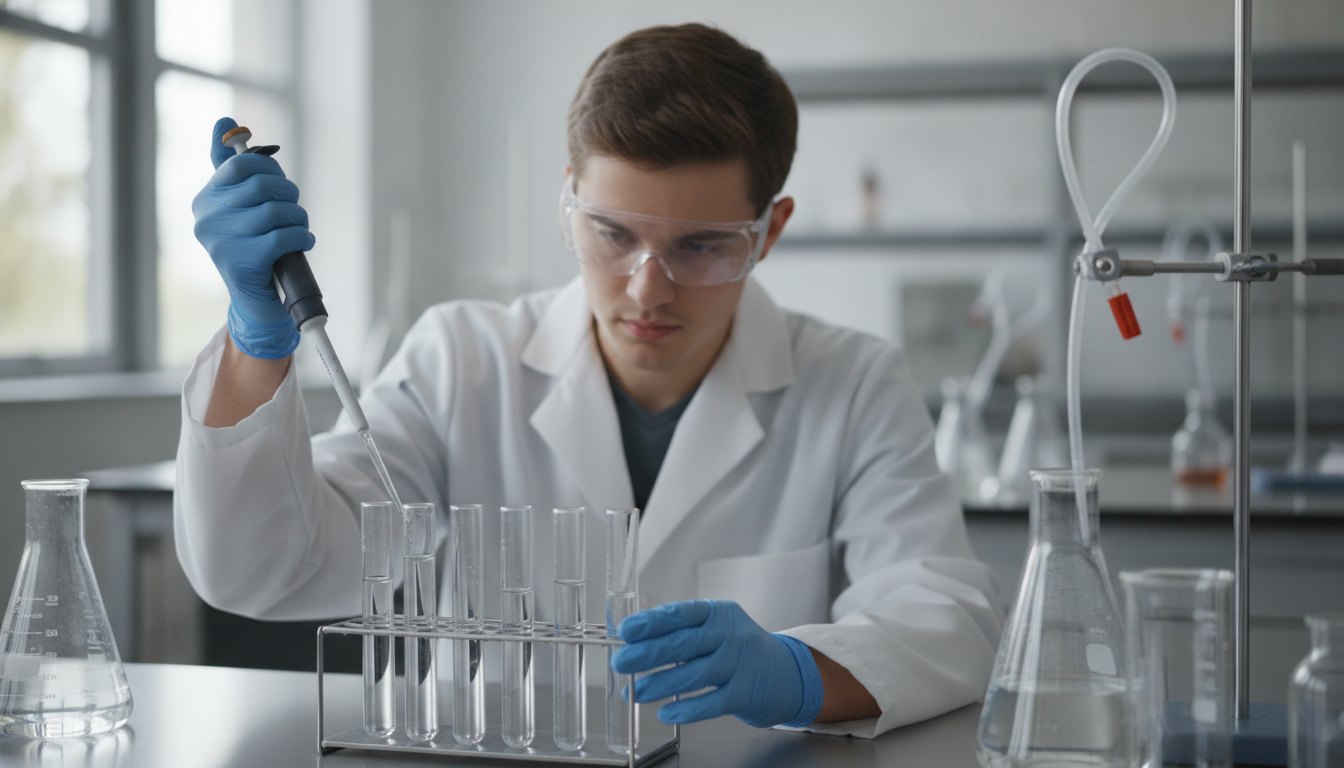 Pre-med student in goggles pipetting into test tubes in a teaching laboratory