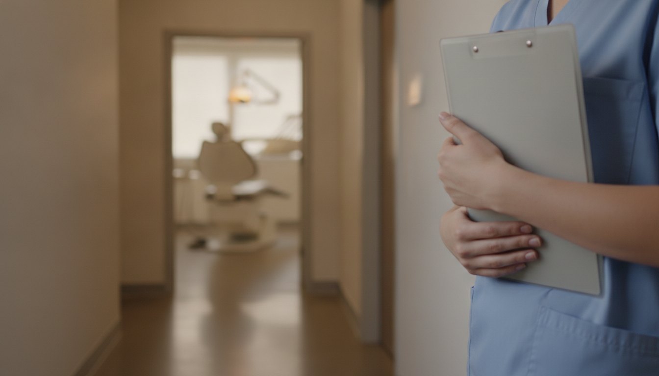 A pre-dental student holding a clipboard outside a dental operatory