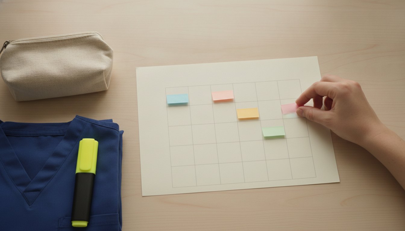 Hands placing sticky tabs on a blank planning grid beside folded scrubs and a travel pouch
