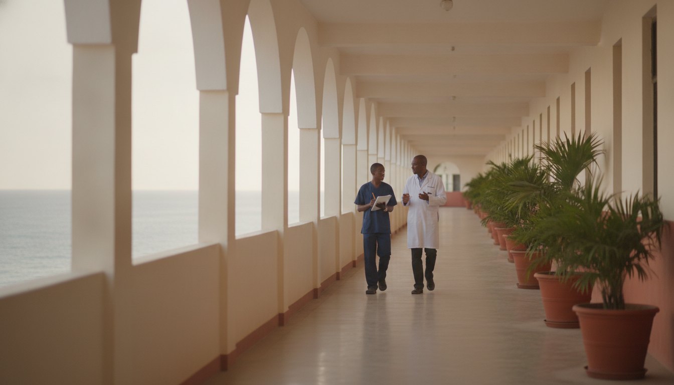 A student observer and a clinician walking along an open-air hospital corridor