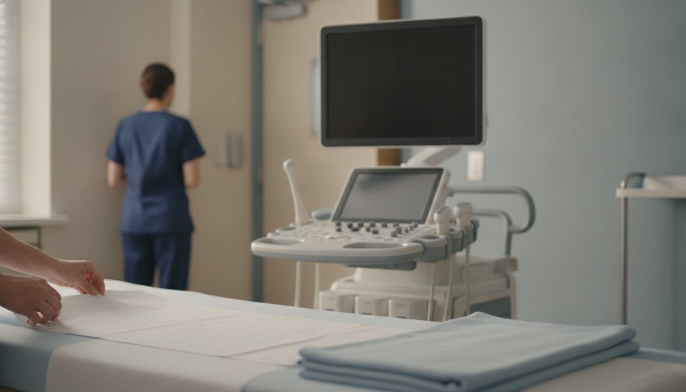 An ultrasound cart and exam bed in a hospital imaging room with a student observer near the door