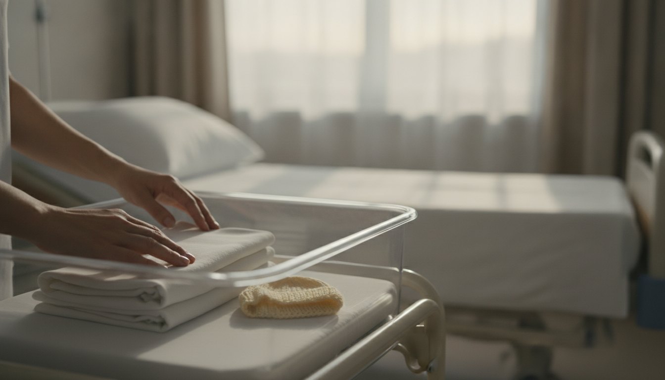 A midwife folding a swaddling blanket in a bassinet on a quiet maternity ward