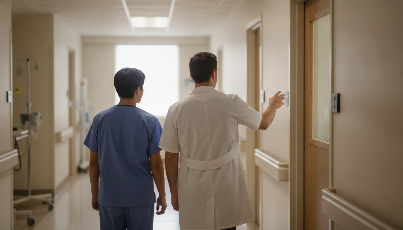 A physician assistant and a student observer walking down a hospital corridor