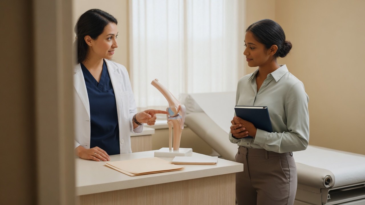 A physician assistant explaining a knee model to a pre-PA student in an orthopedic clinic exam room