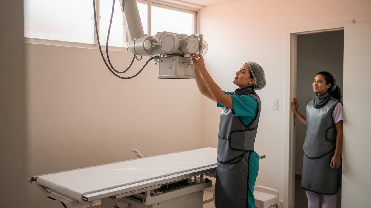 A radiologic technologist positioning an X-ray tube while a pre-health student watches from the doorway