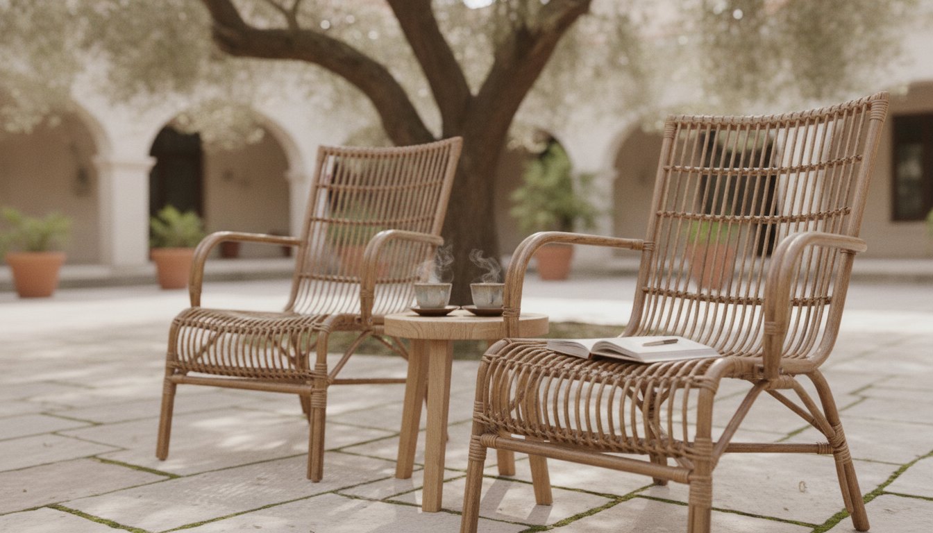 Two chairs and cups of tea set for a conversation in a community health center courtyard